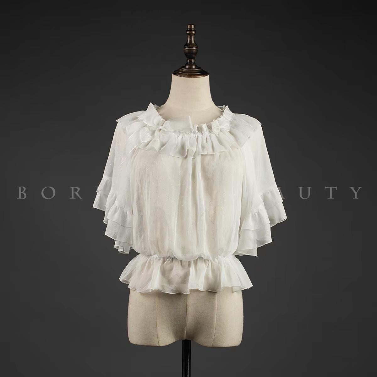 Romantic Chiffon Lolita Blouse | Ruffled Neckline and Flutter Sleeves