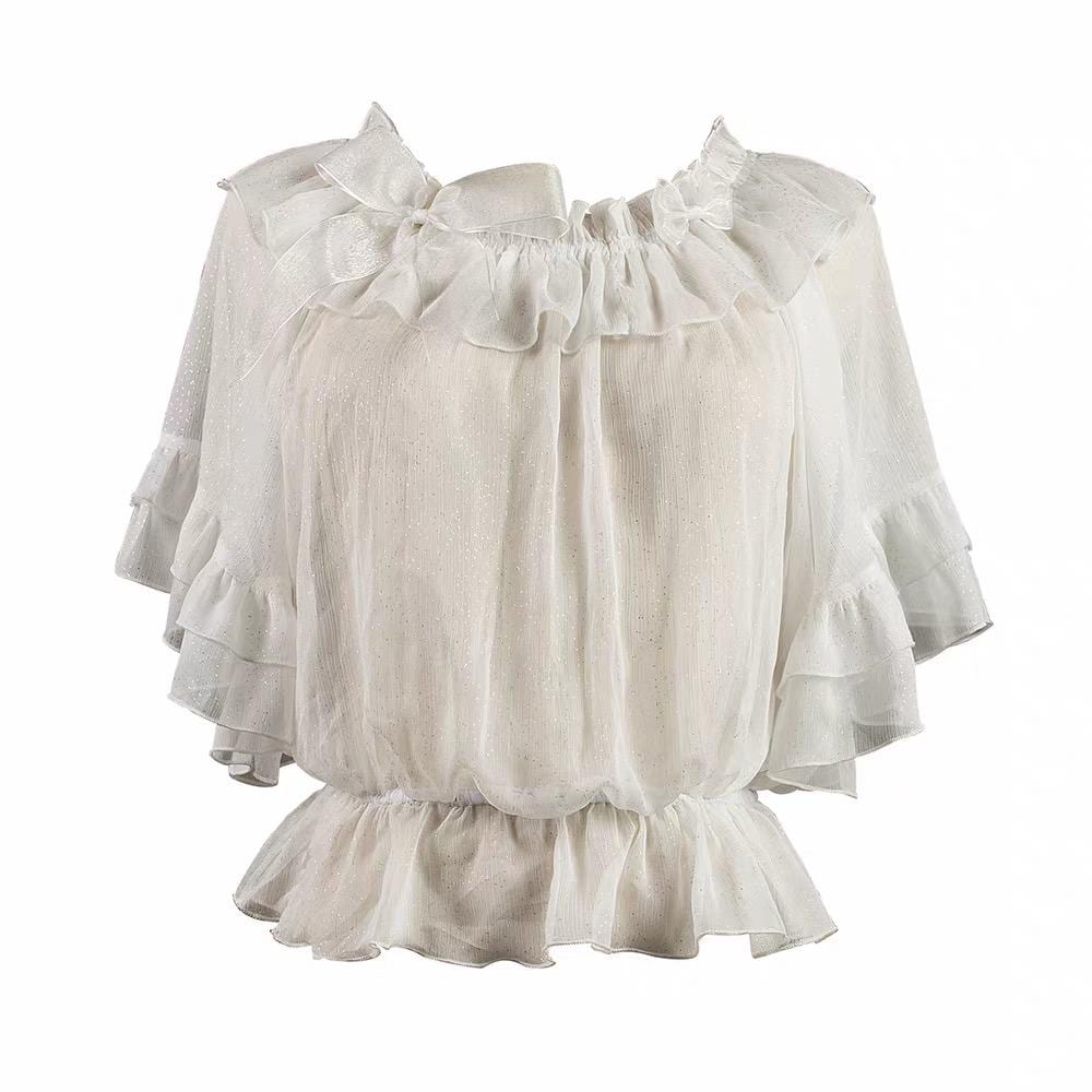 Romantic Chiffon Lolita Blouse | Ruffled Neckline and Flutter Sleeves