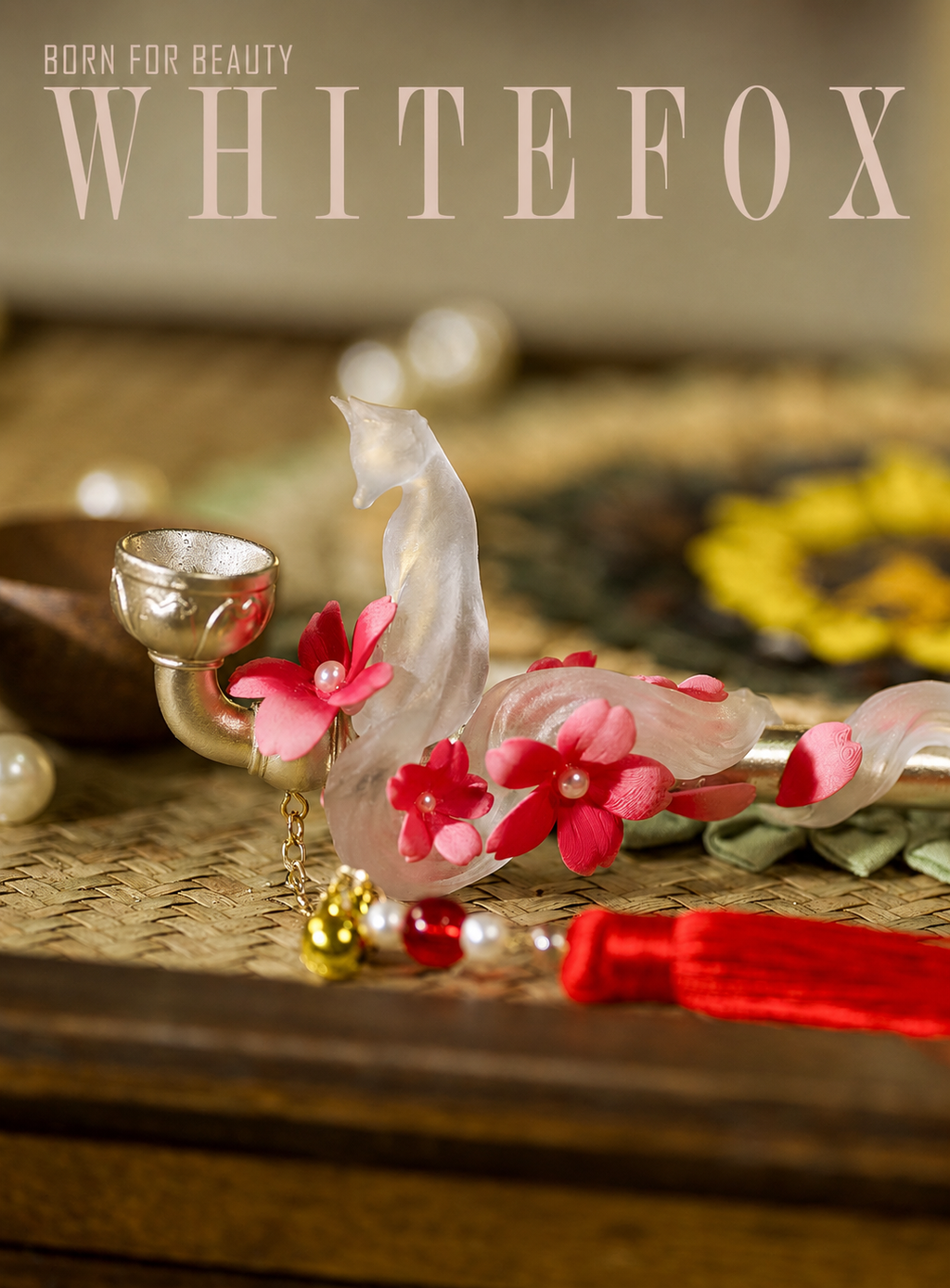 White Fox & Cherry Blossom Ornamental Prop Pipe