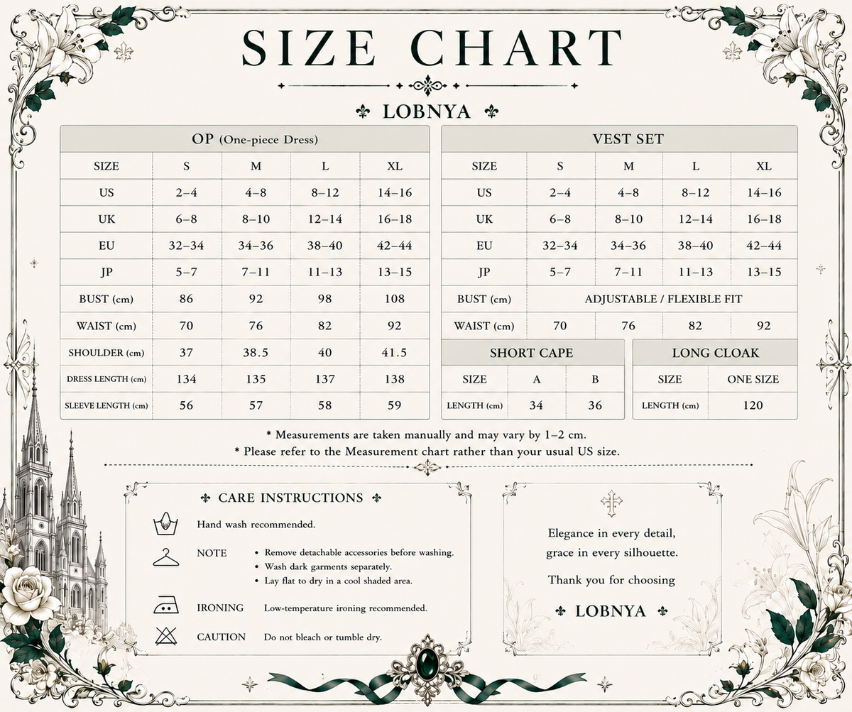 Lobnya OP dress, vest set, short cape and long cloak measurements