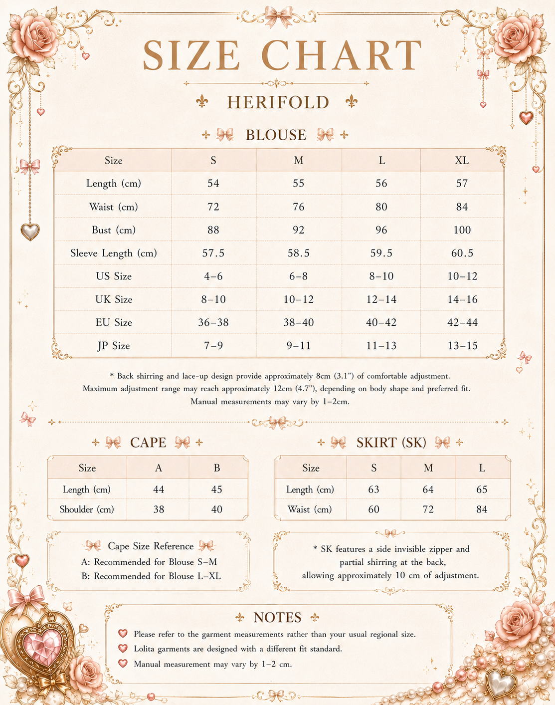 Herifold blouse, cape and skirt measurements