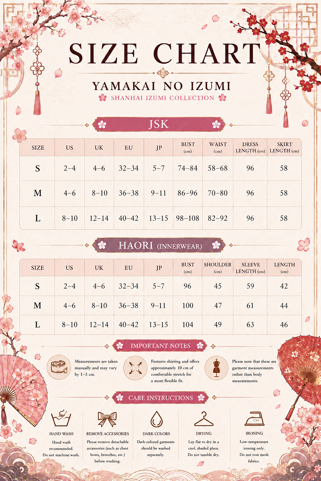 Yamakai no Izumi product measurements and care guide