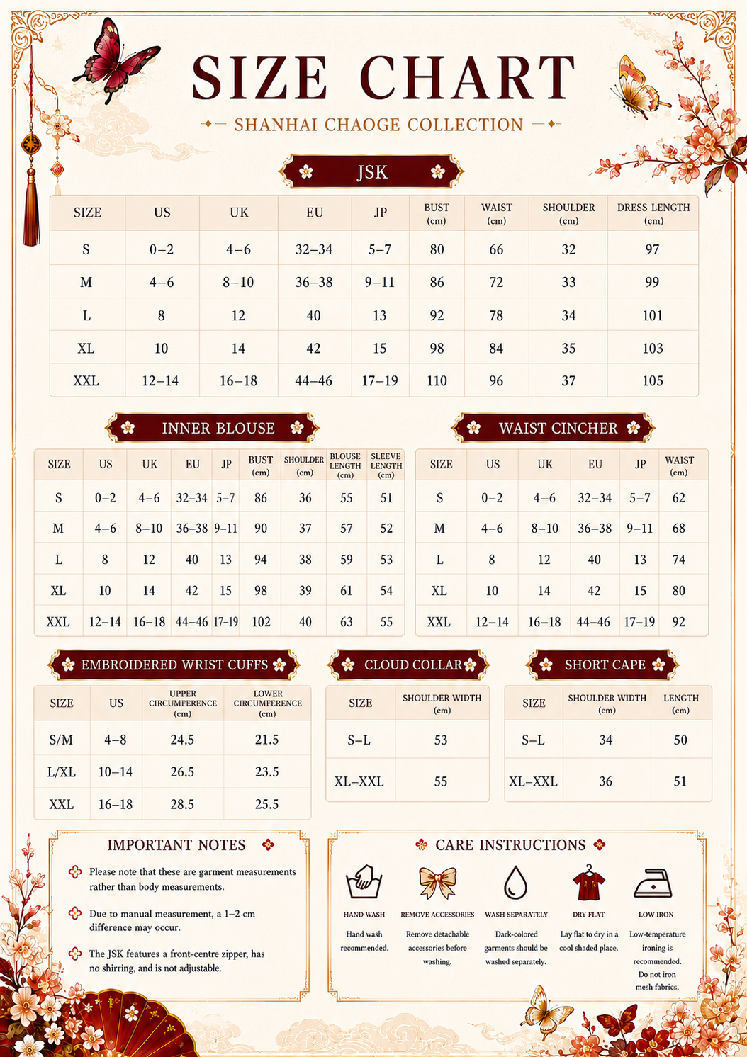 Zhaoge size guide